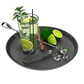 Fresh Lime Mint Drink With Ice Cubes And Bar Tools On Black Tray