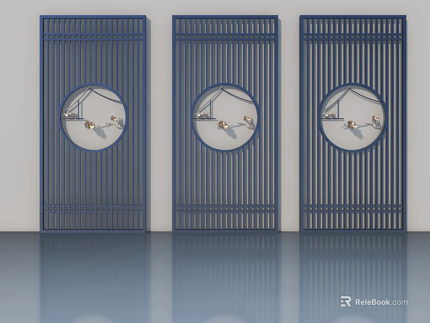 Modern Blue Panel Doors Featuring Vertical Slats And Circular Glass Panels 3d model