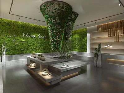 Elouse Shop Specialty Store Interior With Green Plant Walls Decorative Columns Display Tables And Shelves 3d model