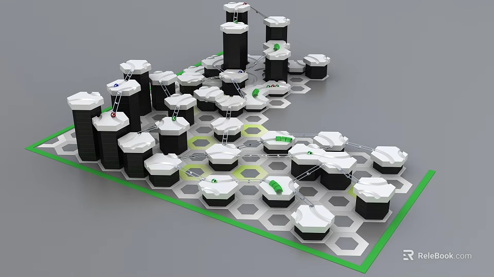 Hexagonal Base Construction Set With Black And White Building Blocks And Green Connectors 3d model