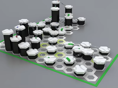 Hexagonal Base Construction Set With Black And White Building Blocks And Green Connectors 3d model