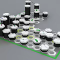 Hexagonal Base Construction Set With Black And White Building Blocks And Green Connectors 3d model