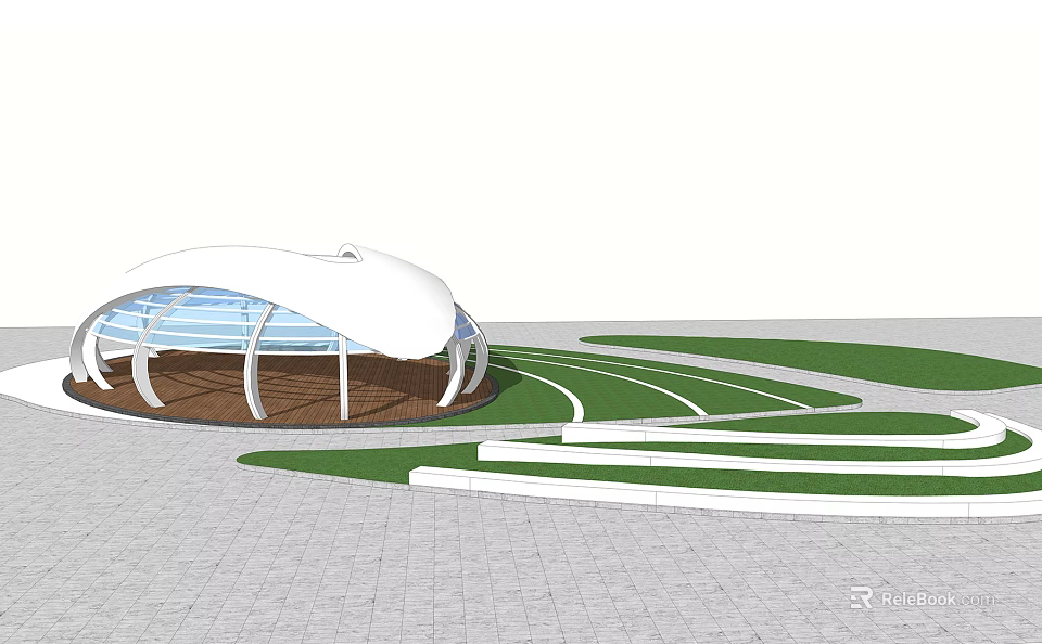 Pergola With White Curved Roof Transparent Glass Windows And Wooden Structure On Green Lawn 3d model 