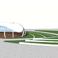 Pergola With White Curved Roof Transparent Glass Windows And Wooden Structure On Green Lawn