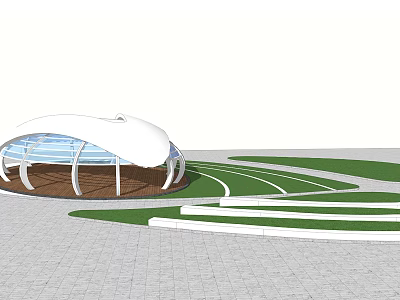 Pergola With White Curved Roof Transparent Glass Windows And Wooden Structure On Green Lawn 3d model
