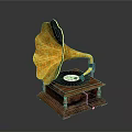 Vintage Gramophone Classic Design with Yellow Horn Black Record and Wooden Base
