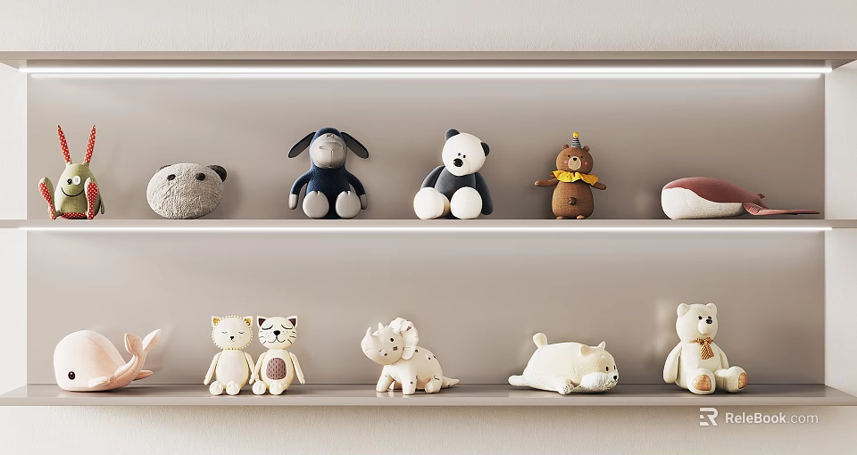 Cute Various Animal Shaped Plush Stuffed Toys Displayed On White Shelves 3d model 