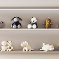 Cute Various Animal Shaped Plush Stuffed Toys Displayed On White Shelves