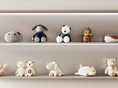 Cute Various Animal Shaped Plush Stuffed Toys Displayed On White Shelves 3d model