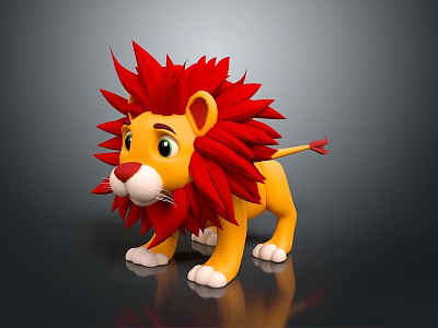 Stuffed Lion Doll Featuring Red Mane Yellow Body Green Eyes And White Paws 3d model