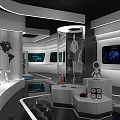 Futuristic Exhibition Interior With Robot Interactive Screens Modern Lighting And Reflective Floor