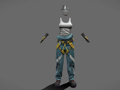 Durable Workwear Outfit With White Tank Top Blue Pants Helmet Tool Belt And Black Gloves 3d model