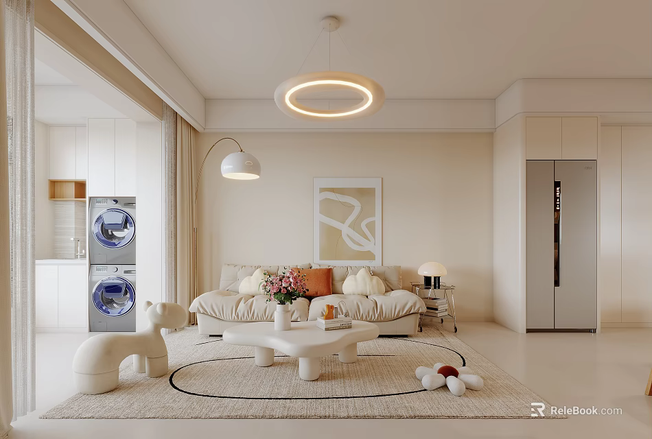 Cozy Living Dining Room With Beige Sofa Round Pendant Light Circular Rug And Wall Art 3d model 