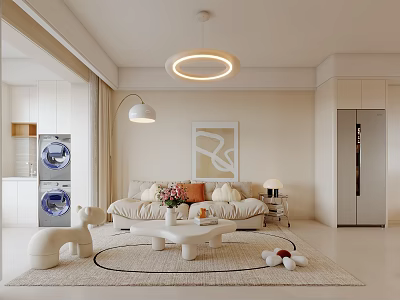 Cozy Living Dining Room With Beige Sofa Round Pendant Light Circular Rug And Wall Art 3d model