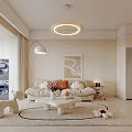Cozy Living Dining Room With Beige Sofa Round Pendant Light Circular Rug And Wall Art