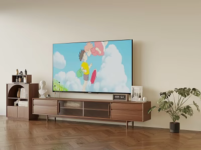 Modern Living Room Interior With TV Animated Show Wooden Stand Decor Shelf And Plant 3d model