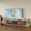 Modern Living Room Interior With TV Animated Show Wooden Stand Decor Shelf And Plant