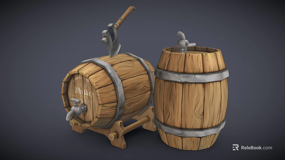 Wooden Storage Barrels With Axe Faucet And Metal Bands For Home Use 3d model 