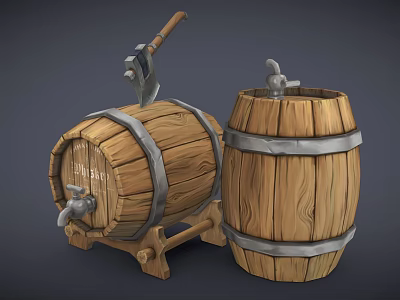 Wooden Storage Barrels With Axe Faucet And Metal Bands For Home Use 3d model