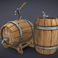 Wooden Storage Barrels With Axe Faucet And Metal Bands For Home Use