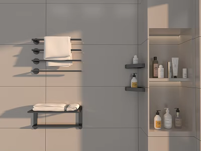 Modern Minimalist Bathroom Set with Gray Tiled Wall Towel Rack White Towels and Niche Toiletries 3d model