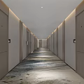 Modern Elevator Hallway With Long Corridor Light Colored Walls Patterned Carpet And Recessed Lighting