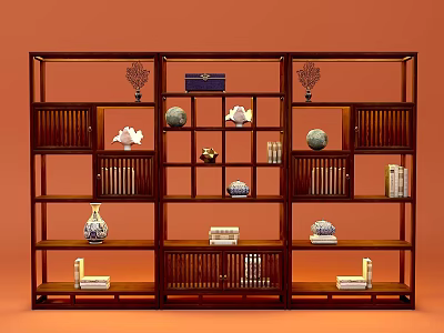 Traditional Dark Wooden Chinese Display Shelf With Vases Ceramic Ornaments And Books 3d model