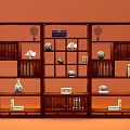 Traditional Dark Wooden Chinese Display Shelf With Vases Ceramic Ornaments And Books