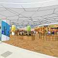 Shopping Mall Lobby Interior With Curved Ceiling Design And Colorful Seating Areas