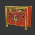 Red Decorative Cabinet With Colorful Hand Painted Patterns And Traditional Carved Details