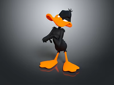 Cartoon Black Duck Character With Eyepatch Orange Beak Feet And Crossed Arms On Gray Background 3d model