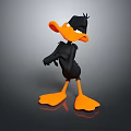Cartoon Black Duck Character With Eyepatch Orange Beak Feet And Crossed Arms On Gray Background