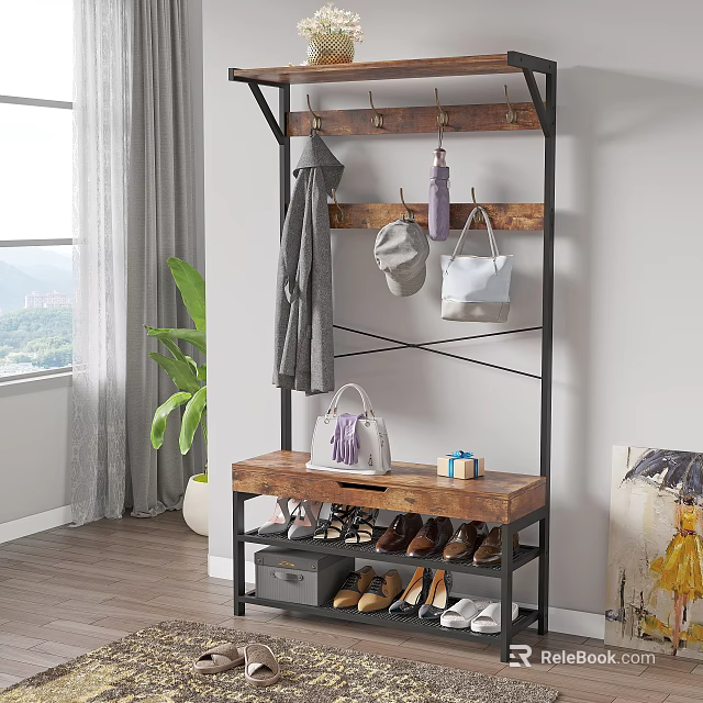 Stylish Shoe Cabinet With Coat Rack Wooden Top And Storage For Shoes Bags And Plant 3d model 