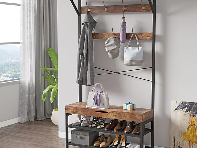 Stylish Shoe Cabinet With Coat Rack Wooden Top And Storage For Shoes Bags And Plant 3d model
