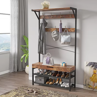 Stylish Shoe Cabinet With Coat Rack Wooden Top And Storage For Shoes Bags And Plant 3d model