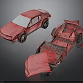 Red Car Model Display Featuring Broken Parts And Damaged Body Details