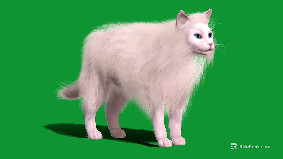 Beautiful White Long Haired Cat Standing On Green Background With Fluffy Fur 3d model 
