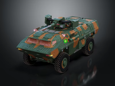 Camouflaged Military Armored Vehicle With Tactical Weapon System And Off Road Wheels 3d model
