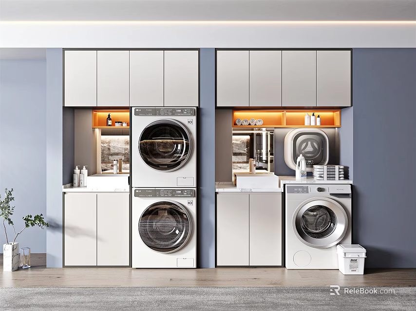 Modern Bathroom Cabinetry With Storage Countertop Washing Machine And Dryer 3d model 