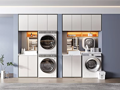 Modern Bathroom Cabinetry With Storage Countertop Washing Machine And Dryer 3d model