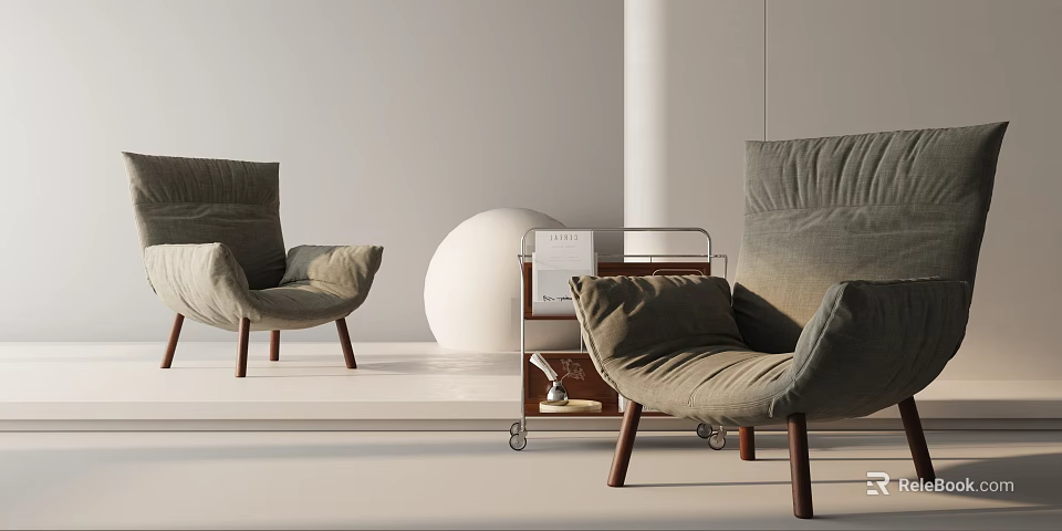 Modern Lounge Chair with Neutral Fabric Upholstery Wooden Legs in Minimalist Interior with Side Cart 3d model 