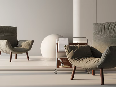 Modern Lounge Chair with Neutral Fabric Upholstery Wooden Legs in Minimalist Interior with Side Cart 3d model