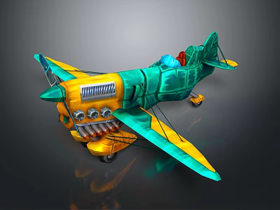 Colorful Turquoise And Yellow Vintage Airplane 3D Model With Detailed Cockpit And Propeller 3d model