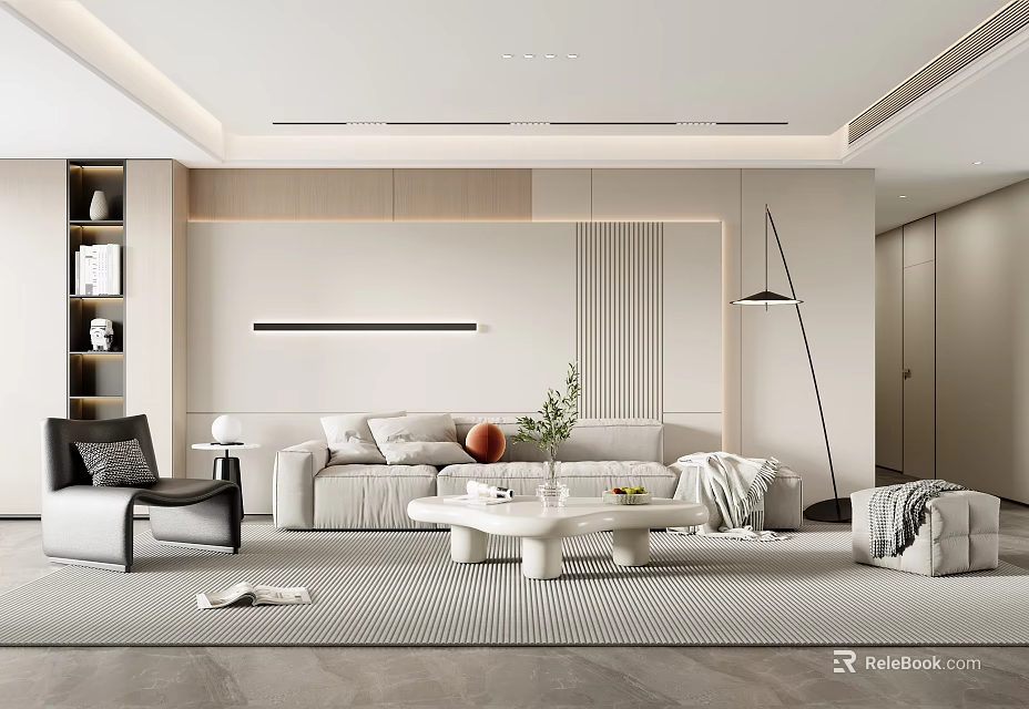Modern Minimalist Living Room With Beige Sofa Armchair White Coffee Table And Floor Lamp 3d model 