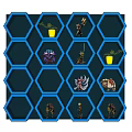 Hexagonal Decorative Cabinet Displaying Figurines And Small Plants With Blue Lighting