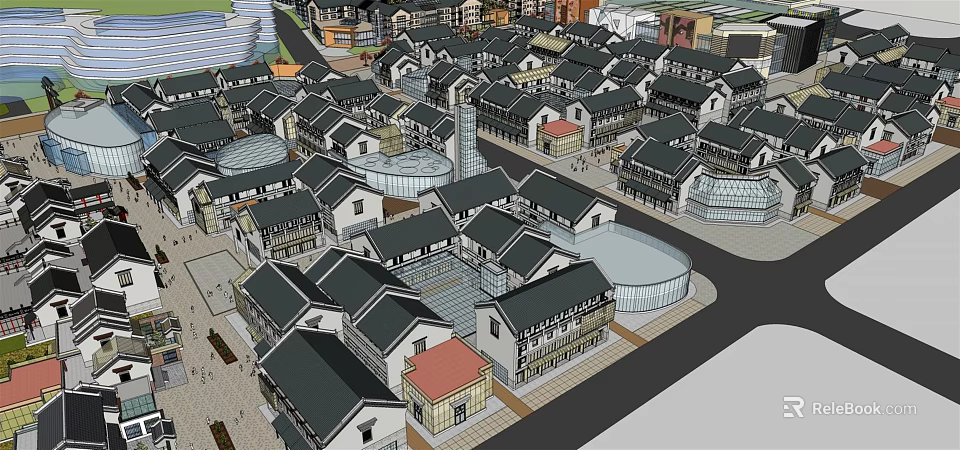 Traditional and Modern Commercial Street with Diverse Architecture Shops and Pedestrian Areas 3d model 