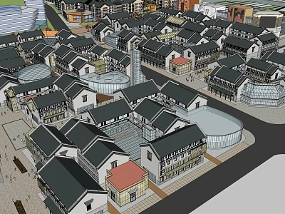 Traditional and Modern Commercial Street with Diverse Architecture Shops and Pedestrian Areas 3d model