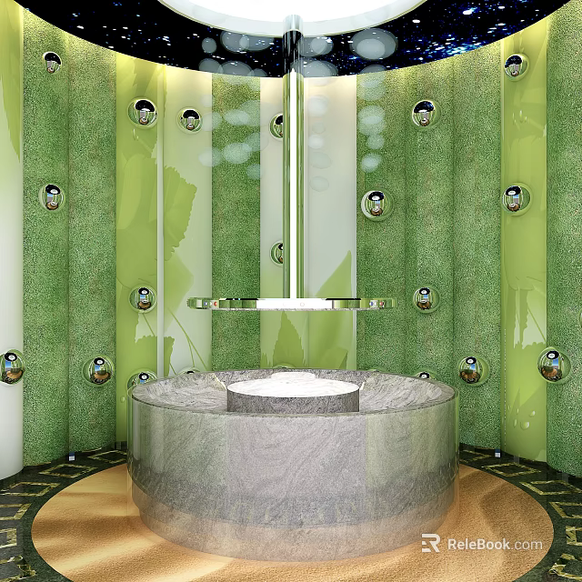 Modern Elevator Lobby With Green Leaf Pattern Walls And Silver Spherical Decorations 3d model