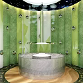 Modern Elevator Lobby With Green Leaf Pattern Walls And Silver Spherical Decorations 3d model