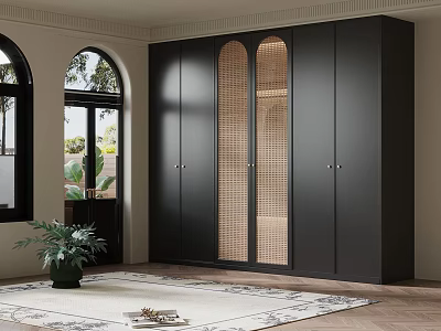 Modern Black Wardrobe With Rattan Doors In Room With Arched Windows And Rug 3d model